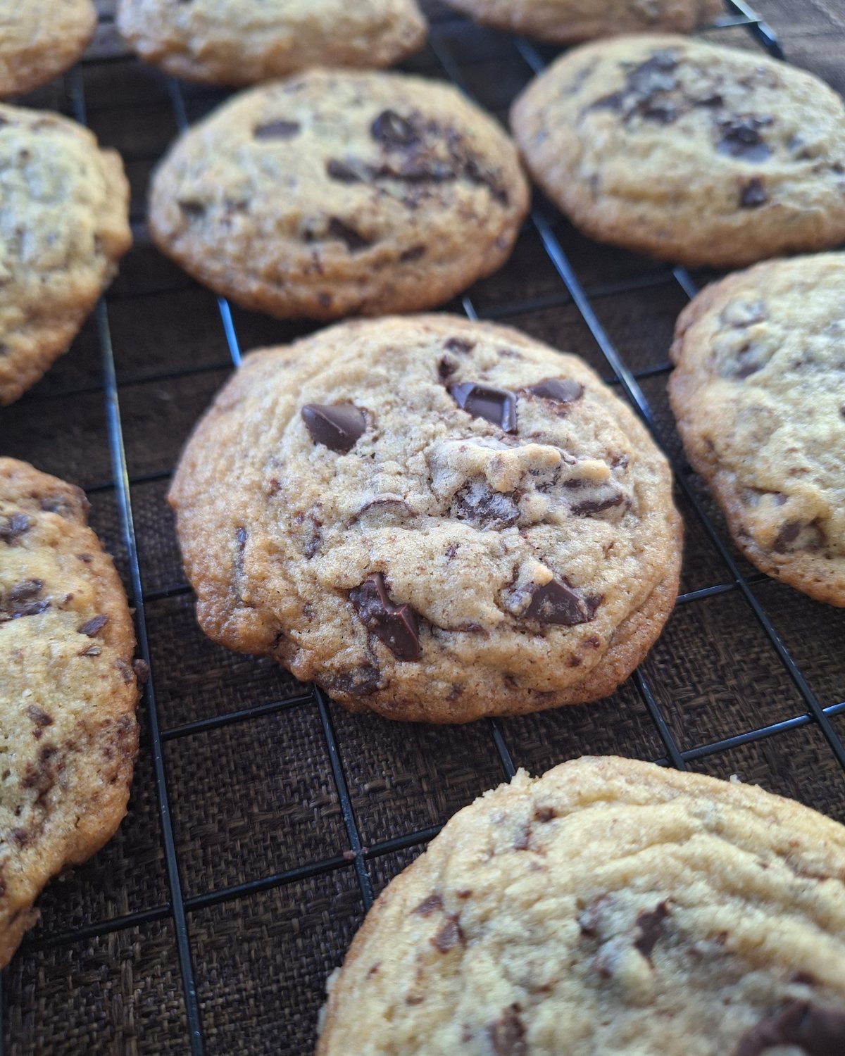 Choco-Choco cookies cooling on a rack, chocolate chunks still glossy